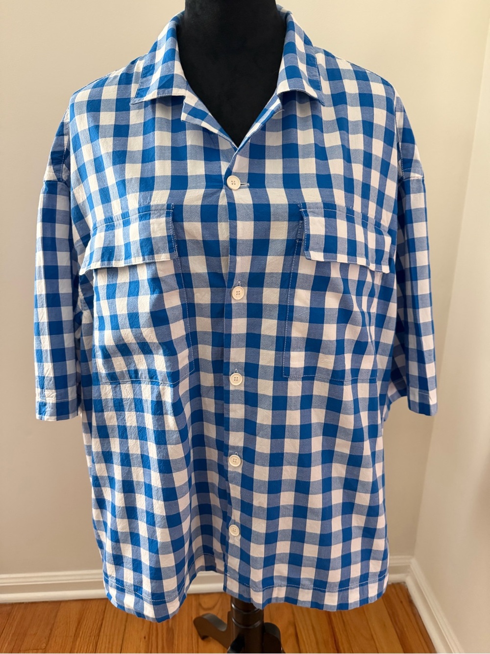 Zara Blue and White Gingham Shirt Large front pockets Size L 100% Cotton